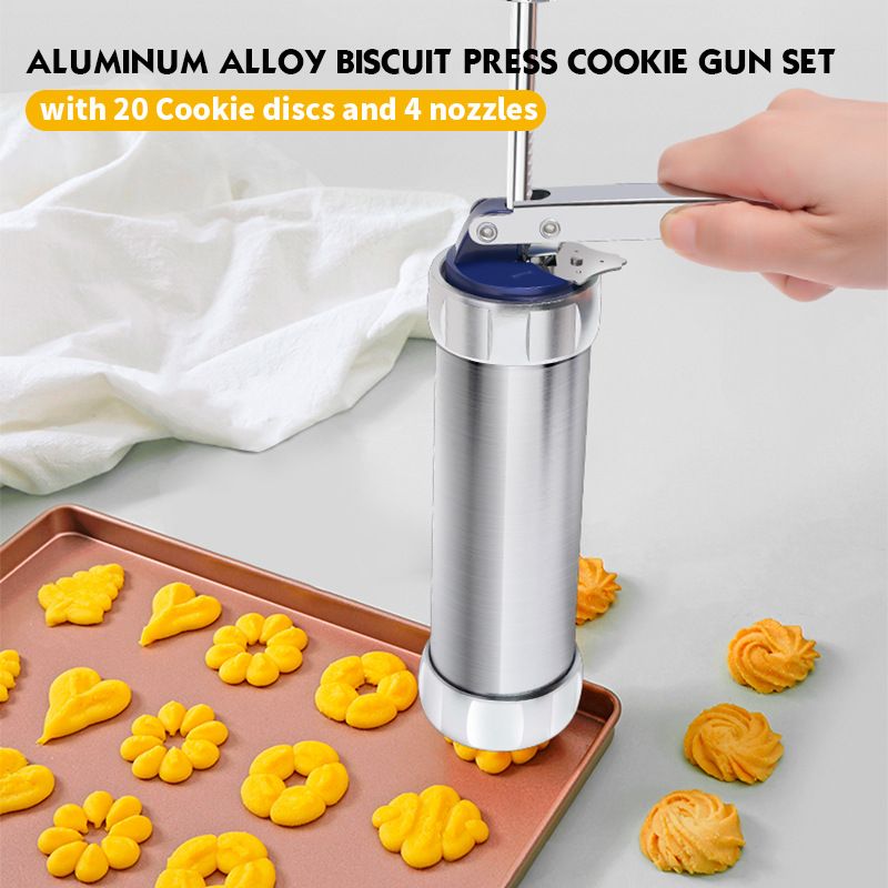 30PCS Mutifunctional Aluminum Alloy Cookie Press Set - Adjustable Thickness Biscuit DIY Maker & Cake Icing Gun with 20 Pattern Discs and 8 Stainless Steel Icing Nozzles