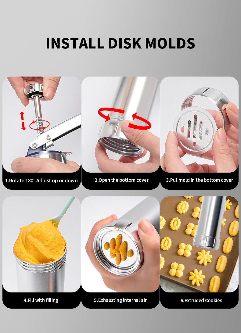 30PCS Mutifunctional Aluminum Alloy Cookie Press Set - Adjustable Thickness Biscuit DIY Maker & Cake Icing Gun with 20 Pattern Discs and 8 Stainless Steel Icing Nozzles