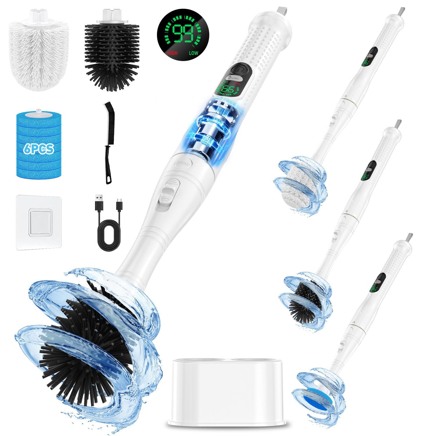 Electric Toilet Cleaning Brush Set (2 Brush Heads + 6 Disposable Cleaning Heads) - 3 Section Detachable Long Handle Spin Scrubber with 2 Speeds, Digital Battery Display and Storage Base