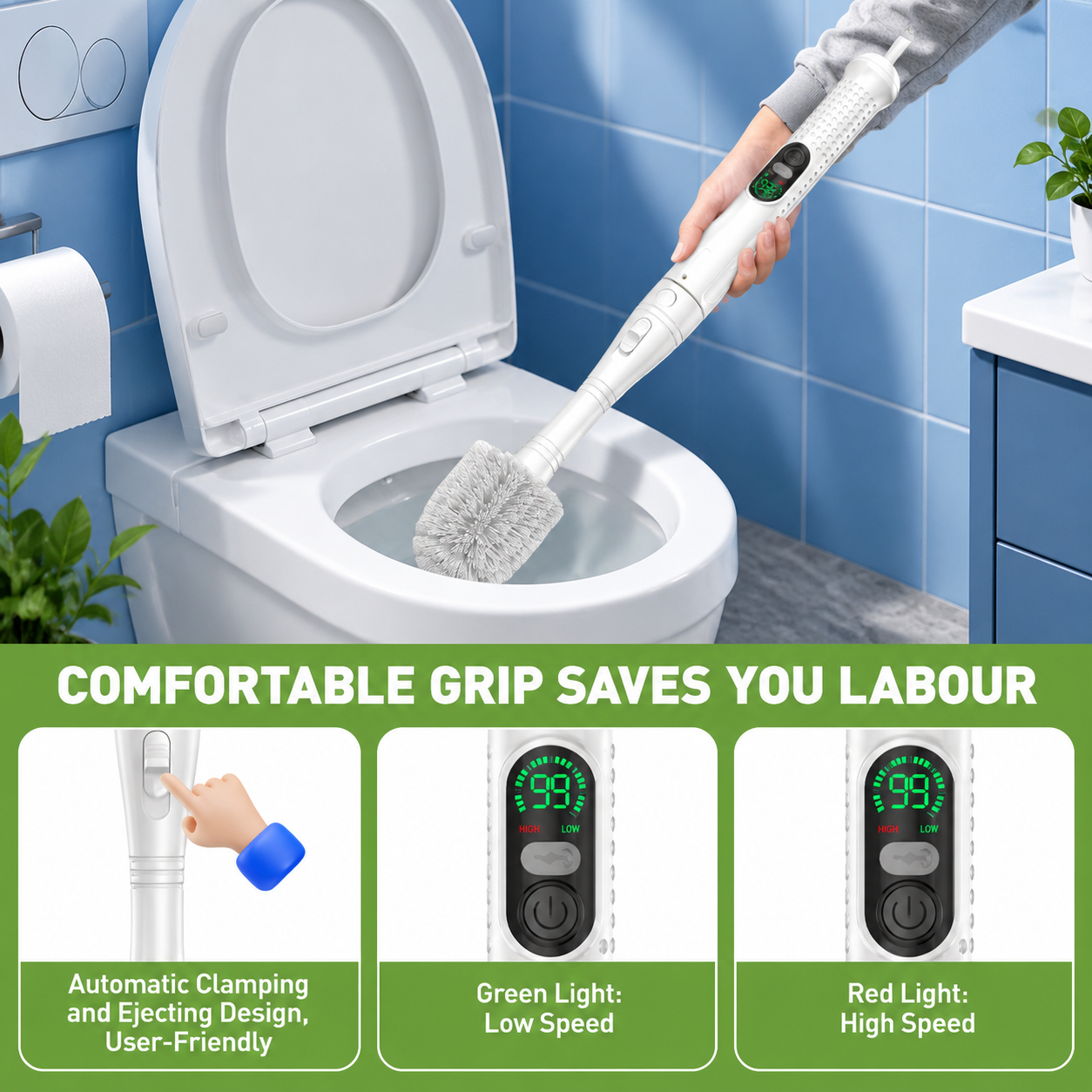 Electric Toilet Cleaning Brush Set (2 Brush Heads + 6 Disposable Cleaning Heads) - 3 Section Detachable Long Handle Spin Scrubber with 2 Speeds, Digital Battery Display and Storage Base