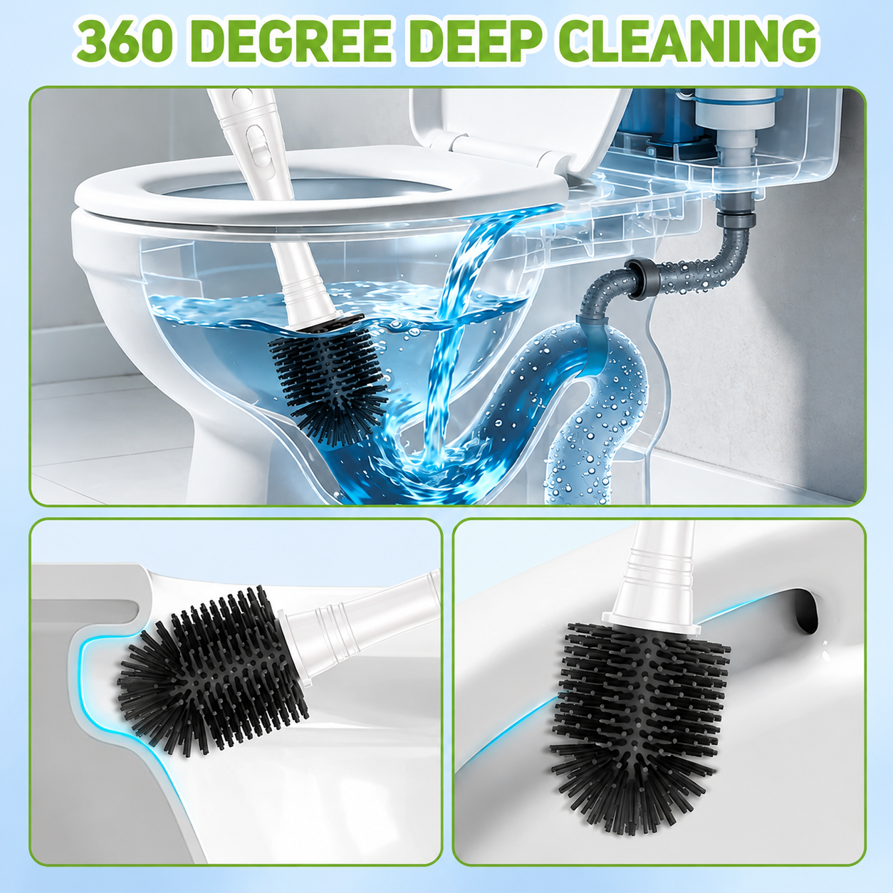 Electric Toilet Cleaning Brush Set (2 Brush Heads + 6 Disposable Cleaning Heads) - 3 Section Detachable Long Handle Spin Scrubber with 2 Speeds, Digital Battery Display and Storage Base