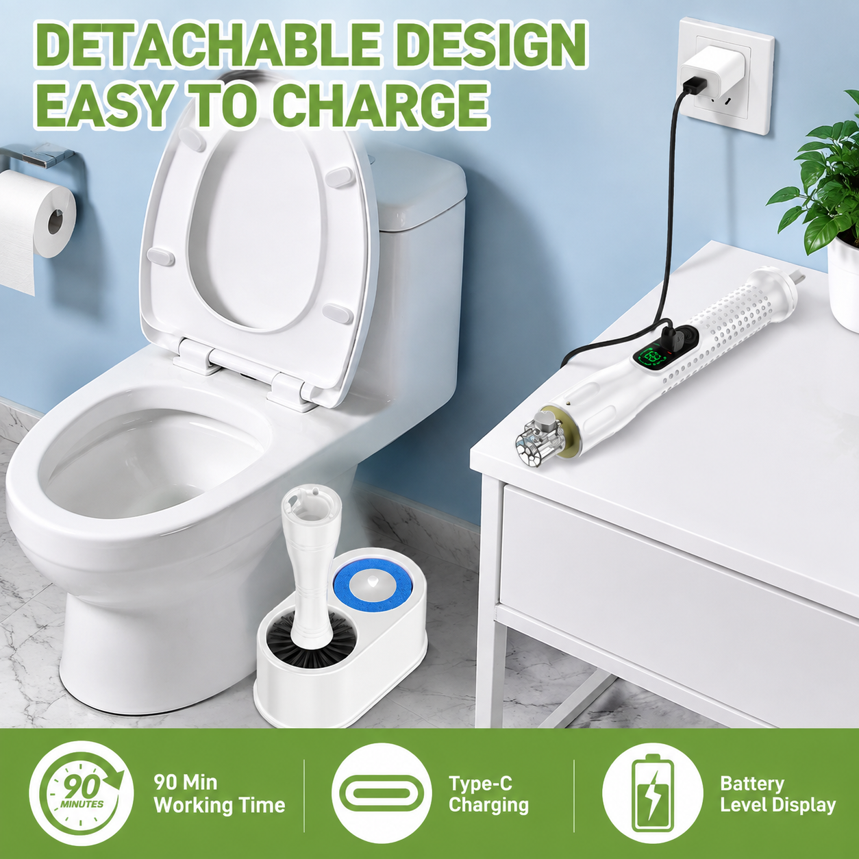 Electric Toilet Cleaning Brush Set (2 Brush Heads + 6 Disposable Cleaning Heads) - 3 Section Detachable Long Handle Spin Scrubber with 2 Speeds, Digital Battery Display and Storage Base