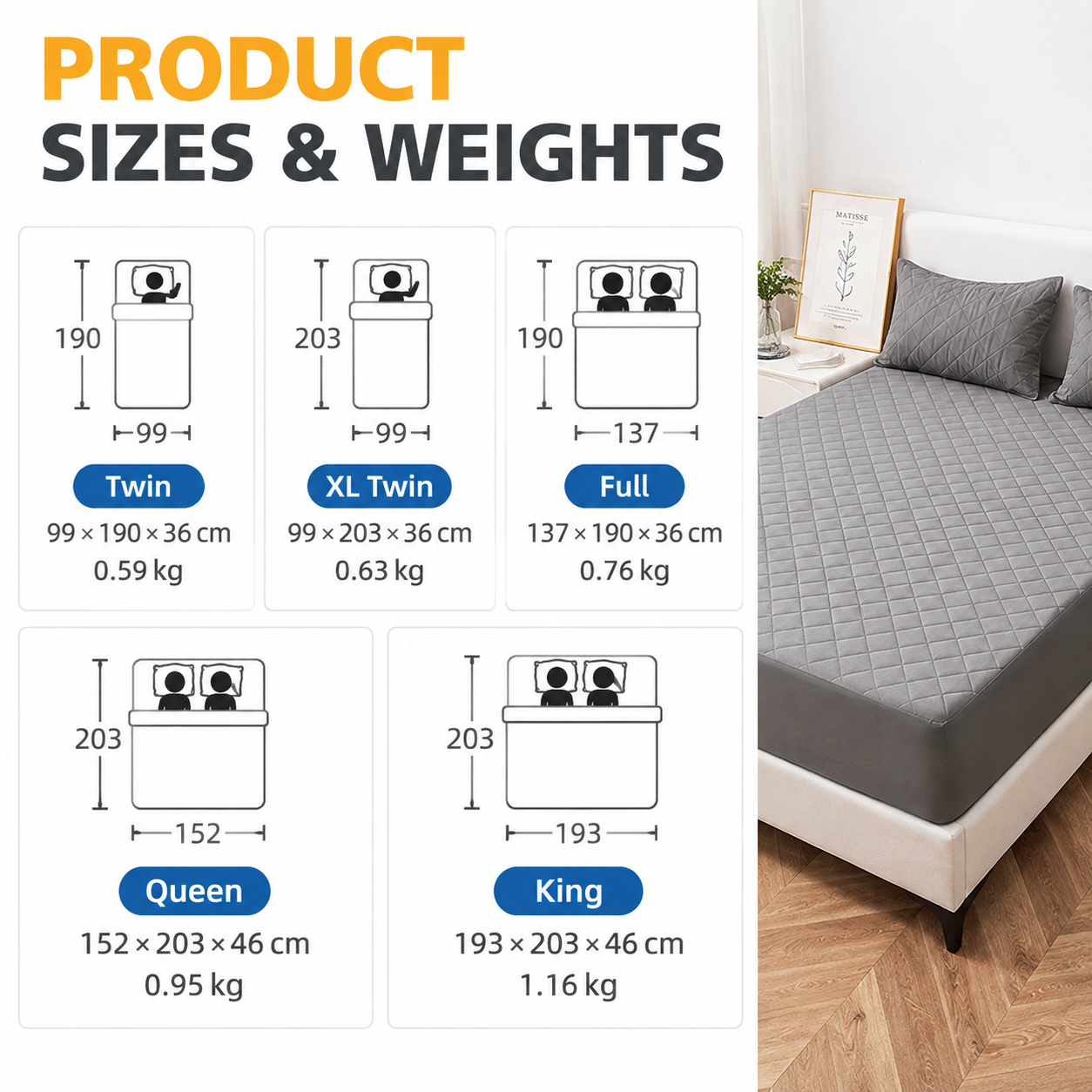 White Waterproof Quilted Mattress Protector (XL Twin 99 x 203 + 36 CM) - 4 Layer Breathable & Soft Mattress Cover with 360 Degree Elastic Fitted Skirt and Deep Fitted Skirt