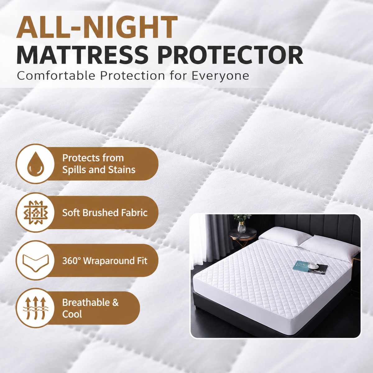 White Waterproof Quilted Mattress Protector (King 193 x 203 + 46 CM) - 4 Layer Breathable & Soft Mattress Cover with 360 Degree Elastic Fitted Skirt and Deep Fitted Skirt