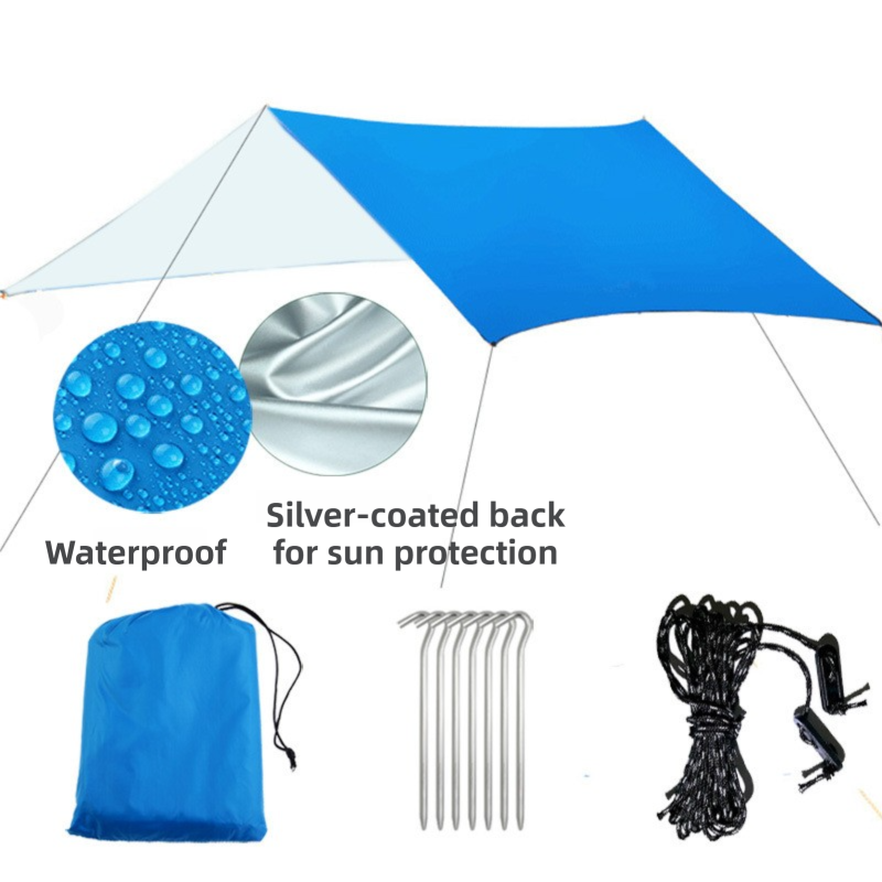Blue 300 x 300cm Waterproof Camping Tarp Shelter Set - Silver Coated Sun Protection, Storage Bag, 6 Guy Ropes and 6 Ground Pegs for Camping, Beach & Outdoor Shade