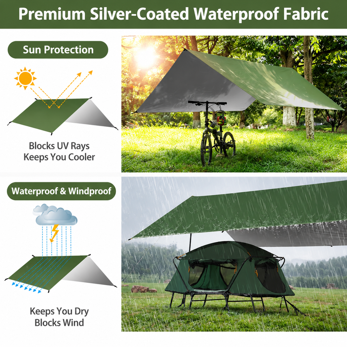 Black 300 x 300cm Waterproof Camping Tarp Shelter Set - Silver Coated Sun Protection, Storage Bag, 6 Guy Ropes and 6 Ground Pegs for Camping, Beach & Outdoor Shade