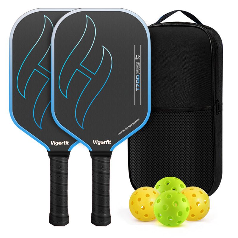 T700 Carbon Fibre Textured Pickleball Set - 2 Black & Blue Lightweight Pro Paddle with 4 Balls and Carry Bag for Outdoor Training and Recreational Play