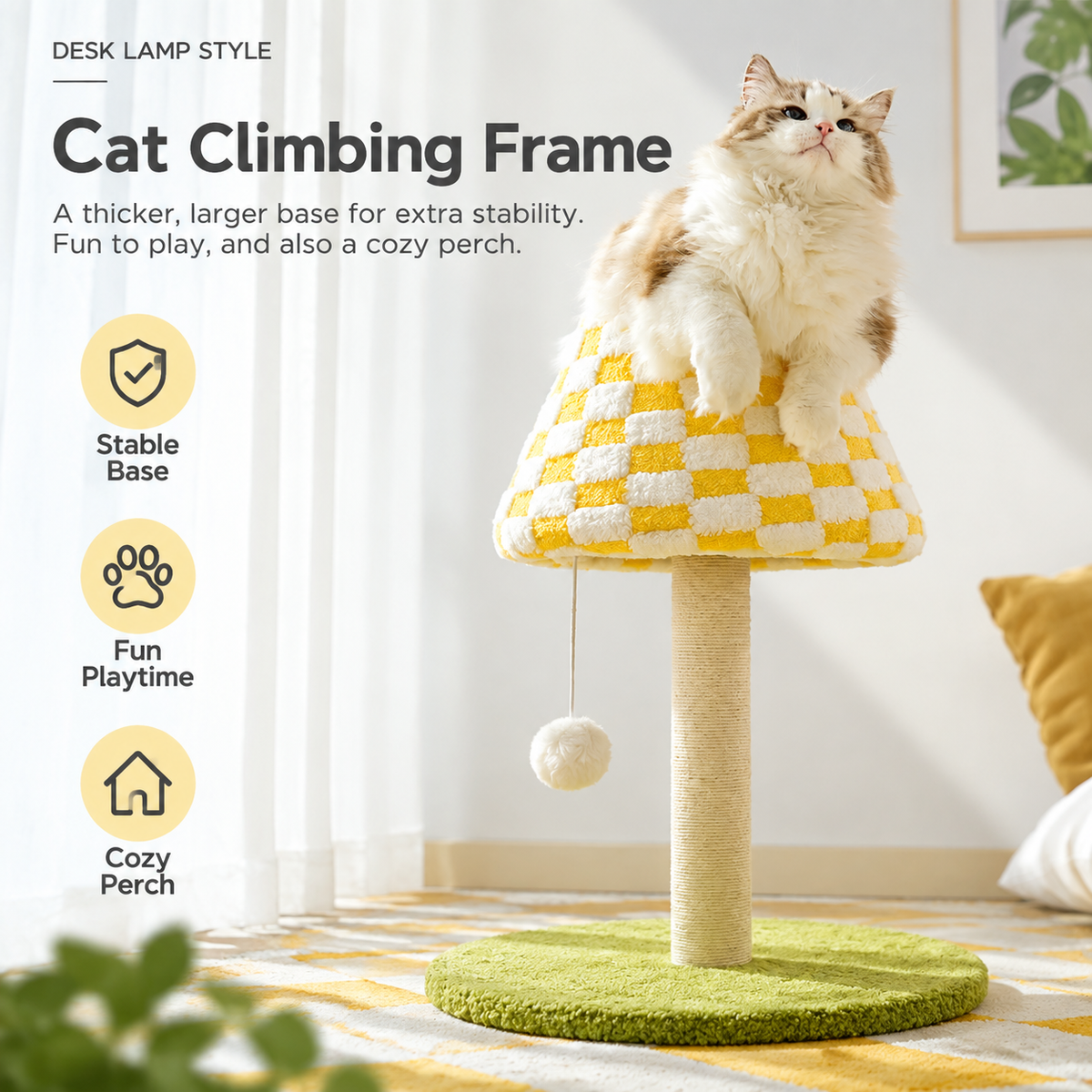 Plush Checkerboard Lamp Style Cat Scratching Post - 53 x 37.5 cm Extra Large Standing Cat Scratcher & Home Decor with Hemp Rope Post, Wide Stable Base and Hanging Ball Toy