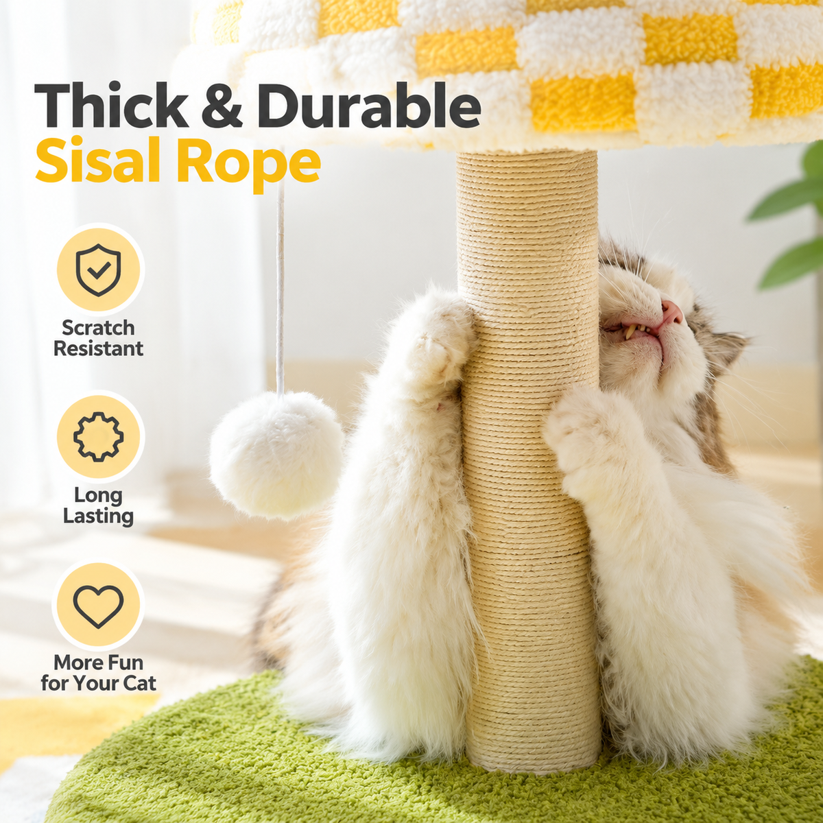 Plush Checkerboard Lamp Style Cat Scratching Post - 53 x 37.5 cm Extra Large Standing Cat Scratcher & Home Decor with Hemp Rope Post, Wide Stable Base and Hanging Ball Toy