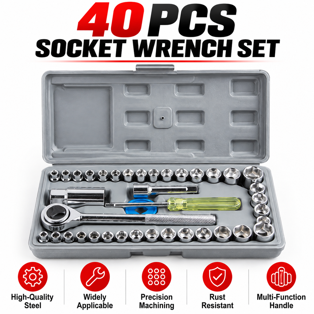 40-Piece Socket Wrench Set for Car Motorcycle Repair - 45# Steel Metric and SAE Ratchet Tool Kit with 1/4in and 3/8in Sockets, Extension Bar and Portable Case