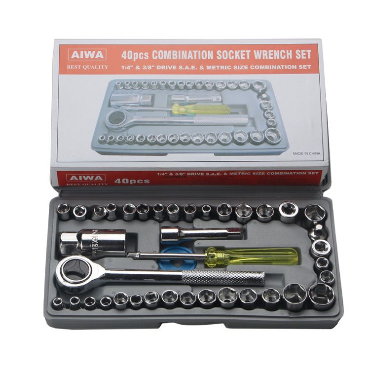 40-Piece Socket Wrench Set for Car Motorcycle Repair - 45# Steel Metric and SAE Ratchet Tool Kit with 1/4in and 3/8in Sockets, Extension Bar and Portable Case