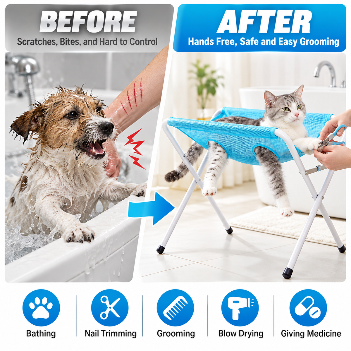 Blue Foldable Pet Grooming Hammock Stand with Adjustable Ribbon & Reinforced Frame - 8-Hole Mesh Anti-Slip Raised Support for Cat Dog Bathing and Nail Trimming (60 x 33 x 40cm)