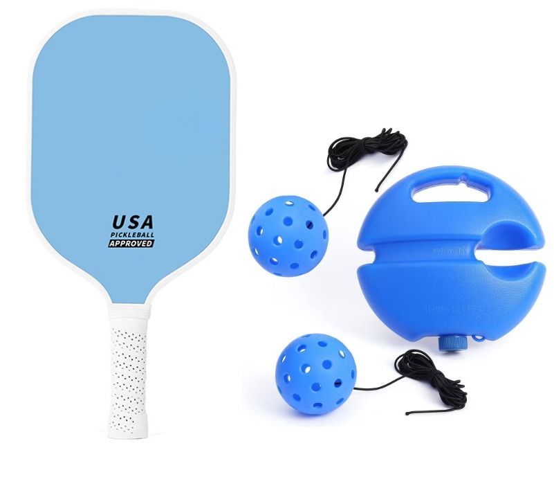 4-Piece Blue Pickleball Training Set - Lightweight Fibreglass Paddle with TPU Edge, Rebound Trainer Base, 2pcs 40-Hole Balls and 4m Training Cord for Outdoor Play