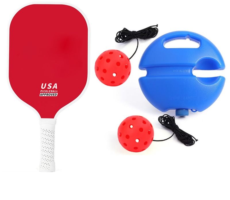 4-Piece Red Pickleball Training Set - Lightweight Fibreglass Paddle with TPU Edge, Rebound Trainer Base, 2pcs 40-Hole Balls and 4m Training Cord for Outdoor Play