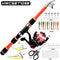 Black Red Complete Telescopic Fishing Rod and Reel Kit for Beginners - 1.5M Portable 4 Section Spinning Rod with KF200 Reel, 45M Pre-Spooled Line, Lures and Tackle Accessories