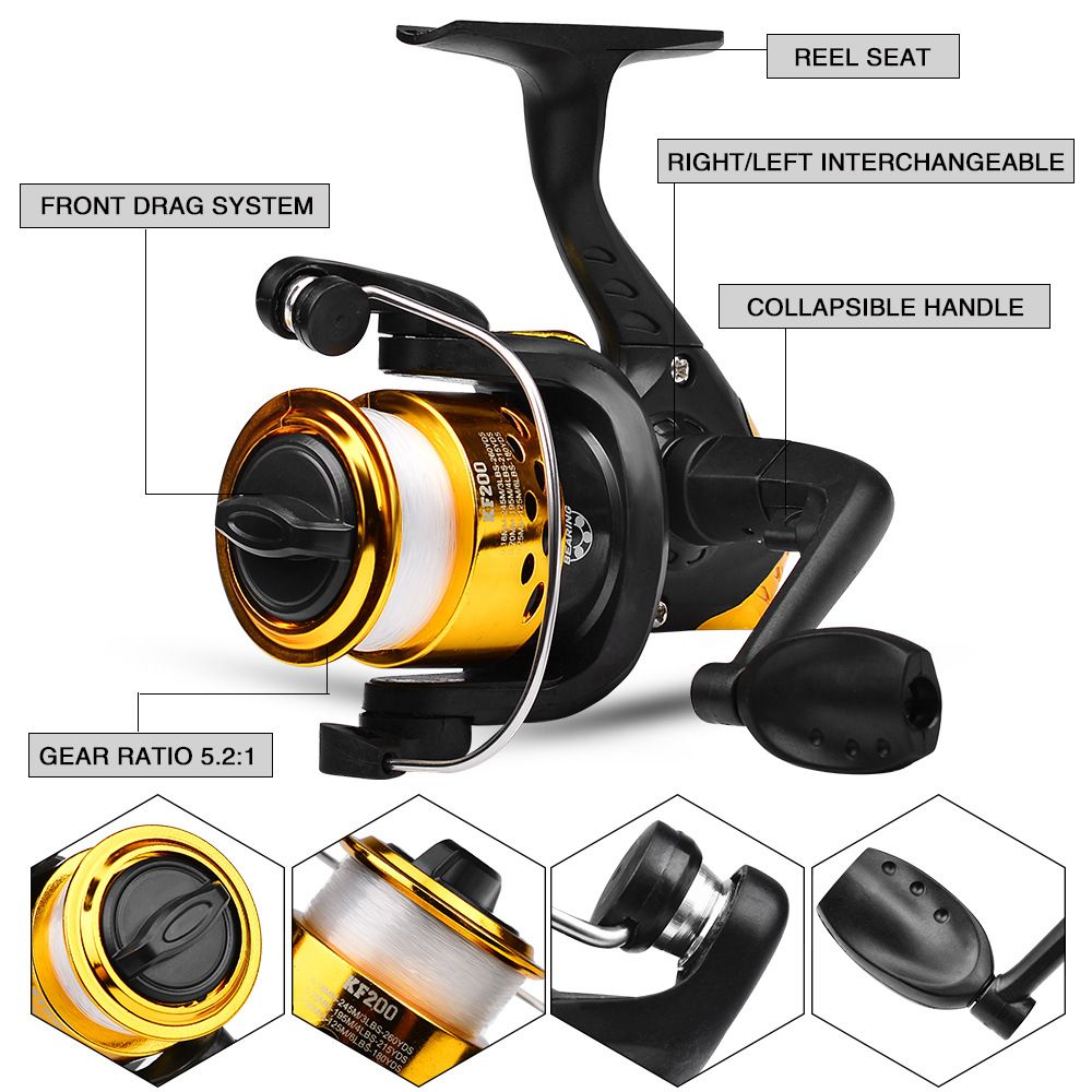 Black Red Complete Telescopic Fishing Rod and Reel Kit for Beginners - 1.5M Portable 4 Section Spinning Rod with KF200 Reel, 45M Pre-Spooled Line, Lures and Tackle Accessories