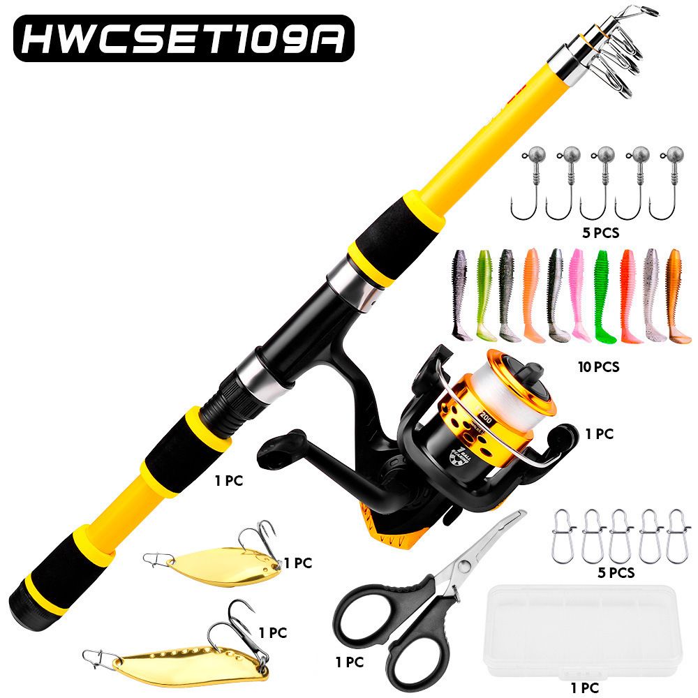 Black Yellow Complete Telescopic Fishing Rod and Reel Kit for Beginners - 1.5M Portable 4 Section Spinning Rod with KF200 Reel, 45M Pre-Spooled Line, Lures and Tackle Accessories