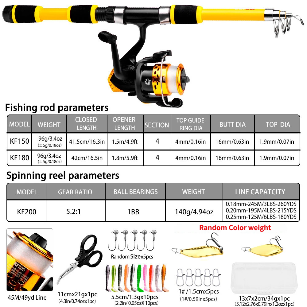 Black Yellow Complete Telescopic Fishing Rod and Reel Kit for Beginners - 1.5M Portable 4 Section Spinning Rod with KF200 Reel, 45M Pre-Spooled Line, Lures and Tackle Accessories