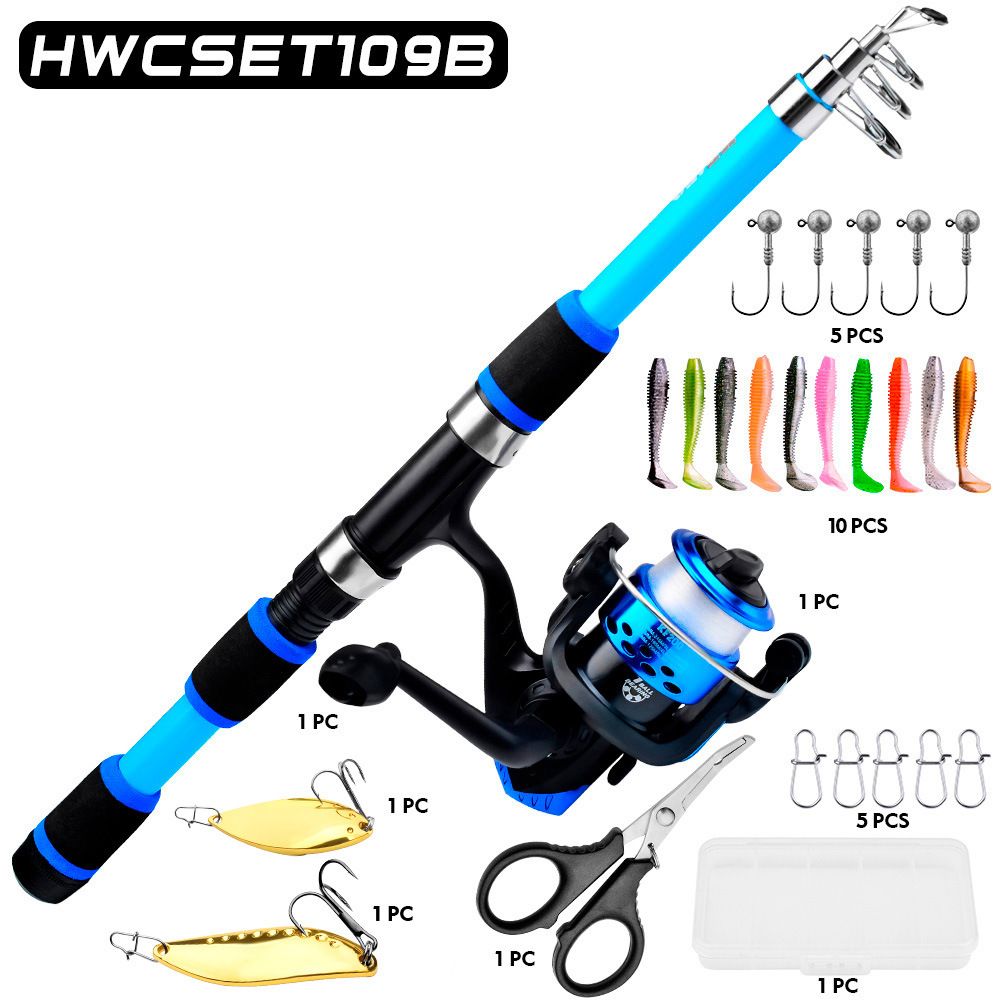 Black Blue Complete Telescopic Fishing Rod and Reel Kit for Beginners - 1.5M Portable 4 Section Spinning Rod with KF200 Reel, 45M Pre-Spooled Line, Lures and Tackle Accessories