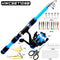 Black Blue Complete Telescopic Fishing Rod and Reel Kit for Beginners - 1.5M Portable 4 Section Spinning Rod with KF200 Reel, 45M Pre-Spooled Line, Lures and Tackle Accessories