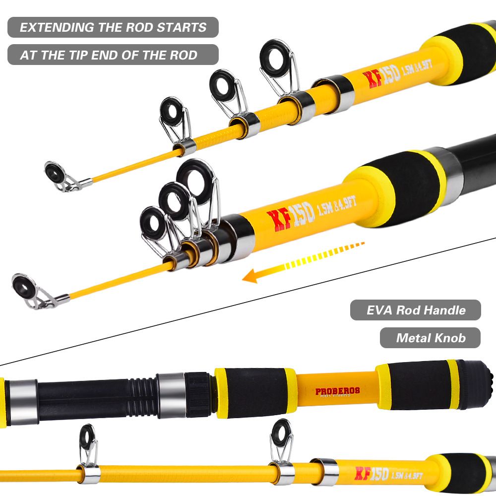 Black Complete Telescopic Fishing Rod and Reel Kit for Beginners - 1.5M Portable 4 Section Spinning Rod with KF200 Reel, 45M Pre-Spooled Line, Lures and Tackle Accessories