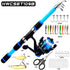 Black Blue Complete Telescopic Fishing Rod and Reel Kit for Beginners - 1.8M Portable 4 Section Spinning Rod with KF200 Reel, 45M Pre-Spooled Line, Lures and Tackle Accessories
