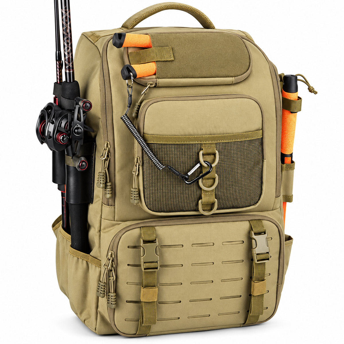 40L Khaki Fishing Tackle Backpack - Large Fishing Gear Storage Bag with Tackle Boxes Storage, Rod Holders, Padded Shoulder Straps and Multiple Organiser Pockets for Outdoor Fishing