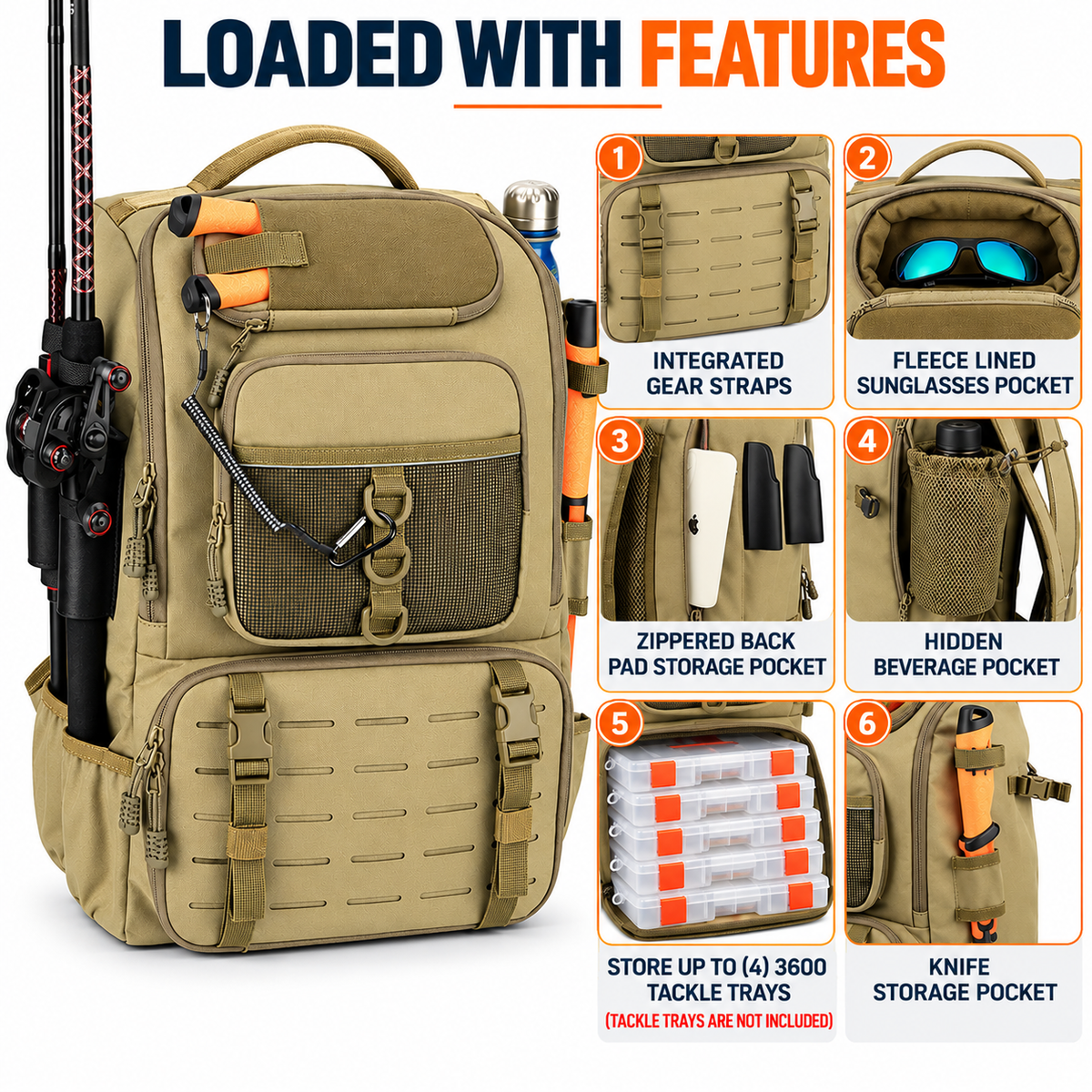 40L Khaki Fishing Tackle Backpack - Large Fishing Gear Storage Bag with Tackle Boxes Storage, Rod Holders, Padded Shoulder Straps and Multiple Organiser Pockets for Outdoor Fishing