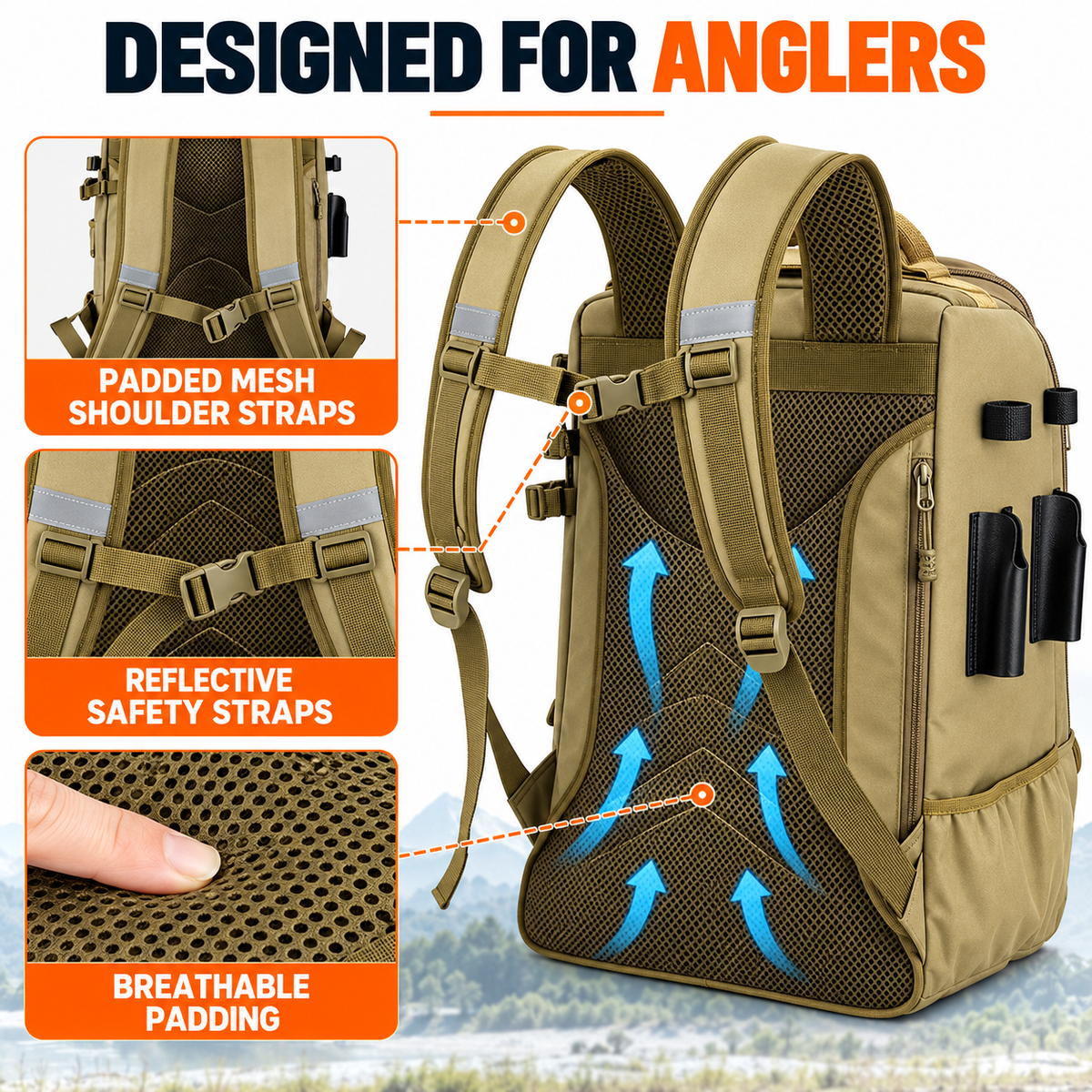 40L Khaki Fishing Tackle Backpack - Large Fishing Gear Storage Bag with Tackle Boxes Storage, Rod Holders, Padded Shoulder Straps and Multiple Organiser Pockets for Outdoor Fishing