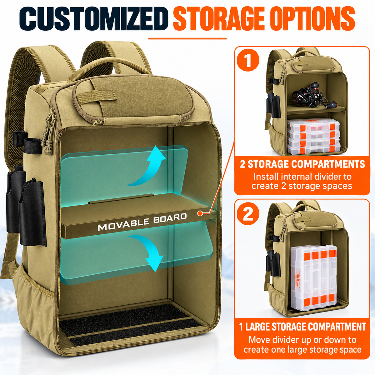 40L Khaki Fishing Tackle Backpack - Large Fishing Gear Storage Bag with Tackle Boxes Storage, Rod Holders, Padded Shoulder Straps and Multiple Organiser Pockets for Outdoor Fishing