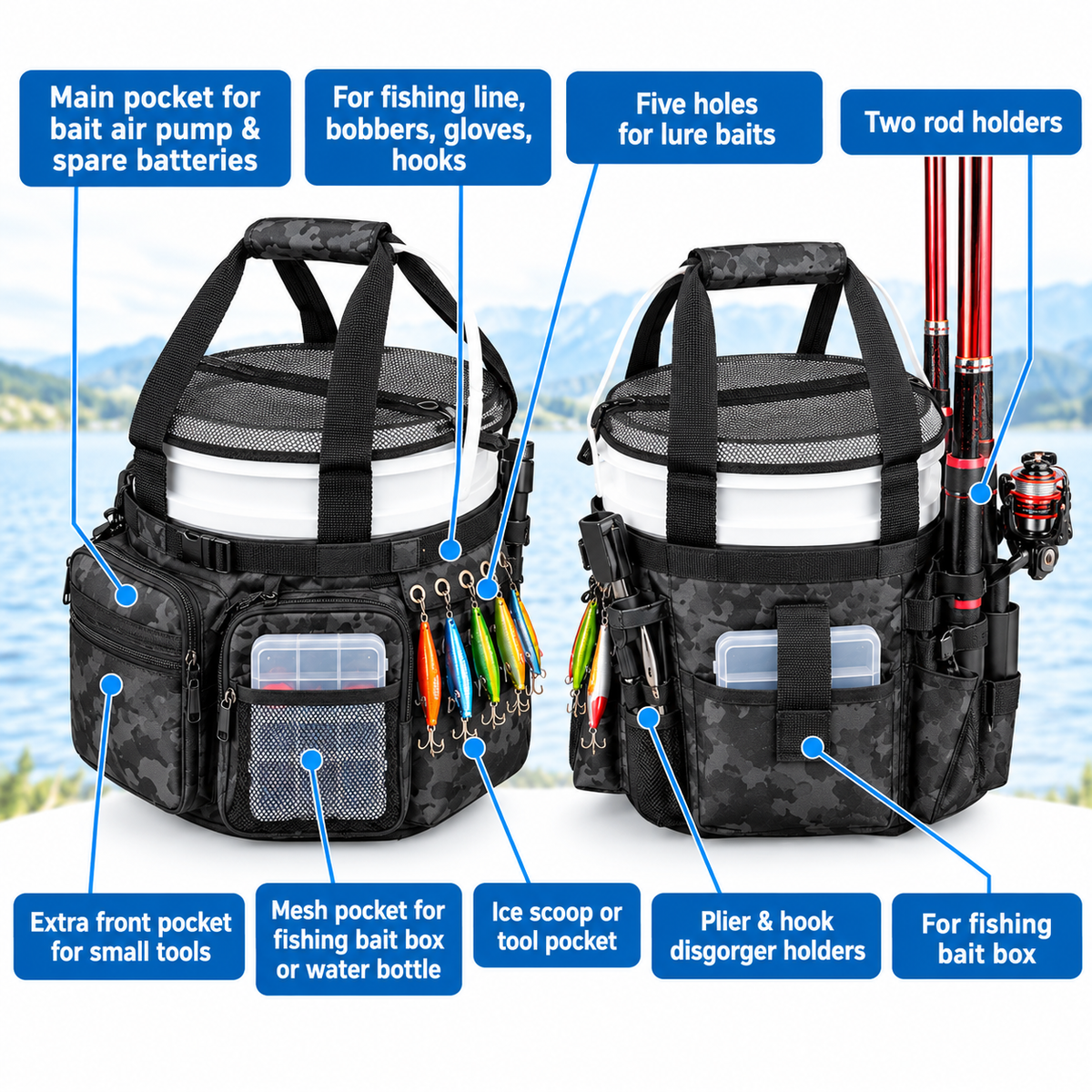 Black Camouflage Fishing Bucket Storage Wrap and Mesh Bucket Cover - 34 x 11 Inch Waterproof Fishing Tackle Organiser Bag with Rod Holders, Multiple Pockets and Adjustable Straps