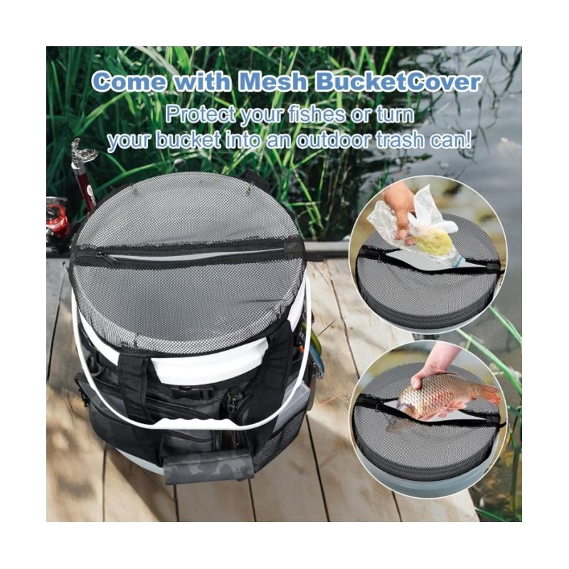 Black Camouflage Fishing Bucket Storage Wrap and Mesh Bucket Cover - 34 x 11 Inch Waterproof Fishing Tackle Organiser Bag with Rod Holders, Multiple Pockets and Adjustable Straps