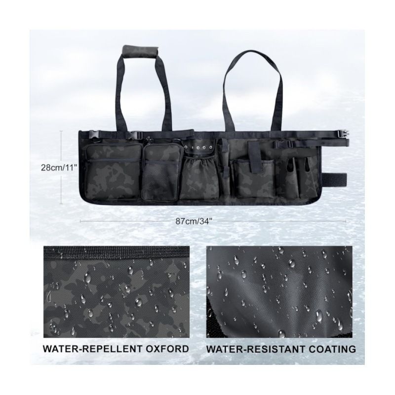 Black Camouflage Fishing Bucket Storage Wrap and Mesh Bucket Cover - 34 x 11 Inch Waterproof Fishing Tackle Organiser Bag with Rod Holders, Multiple Pockets and Adjustable Straps