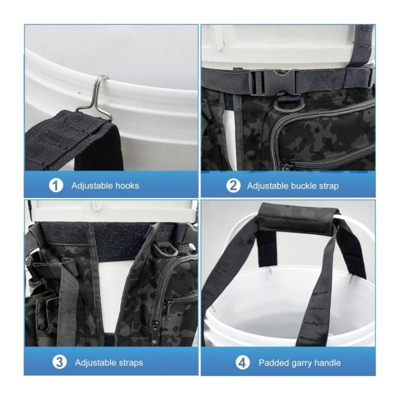 Black Camouflage Fishing Bucket Storage Wrap and Mesh Bucket Cover - 34 x 11 Inch Waterproof Fishing Tackle Organiser Bag with Rod Holders, Multiple Pockets and Adjustable Straps