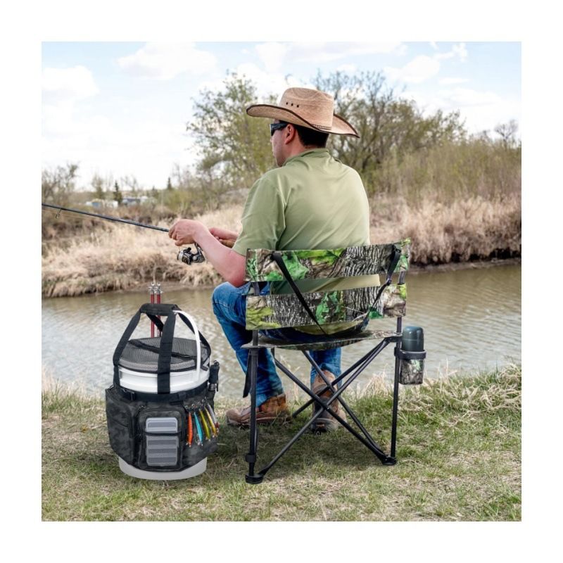 Black Camouflage Fishing Bucket Storage Wrap and Mesh Bucket Cover - 34 x 11 Inch Waterproof Fishing Tackle Organiser Bag with Rod Holders, Multiple Pockets and Adjustable Straps