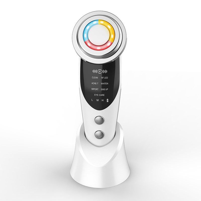 7-in-1 White EMS Microcurrent Facial Beauty Device with 3 Intensity Level and Storage Base - Rechargeable Face Massager with Red Blue & Amber LED Light Therapy, Ionic Cleansing and Skin Firming