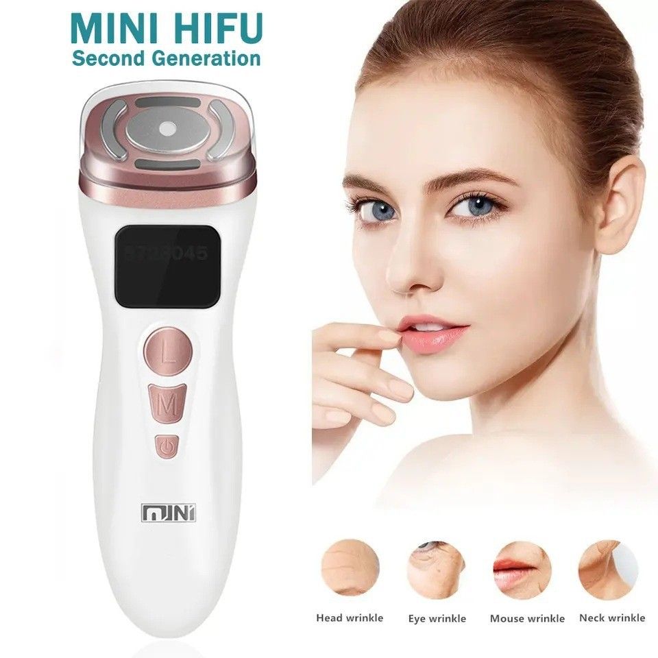 3-in-1 White Mini HIFU Ultrasonic RF Beauty Device and EMS Facial Massager - 3 Modes & 5 Intensity Levels, 10 Minute Timer & Digital Display for Home Facial Firming