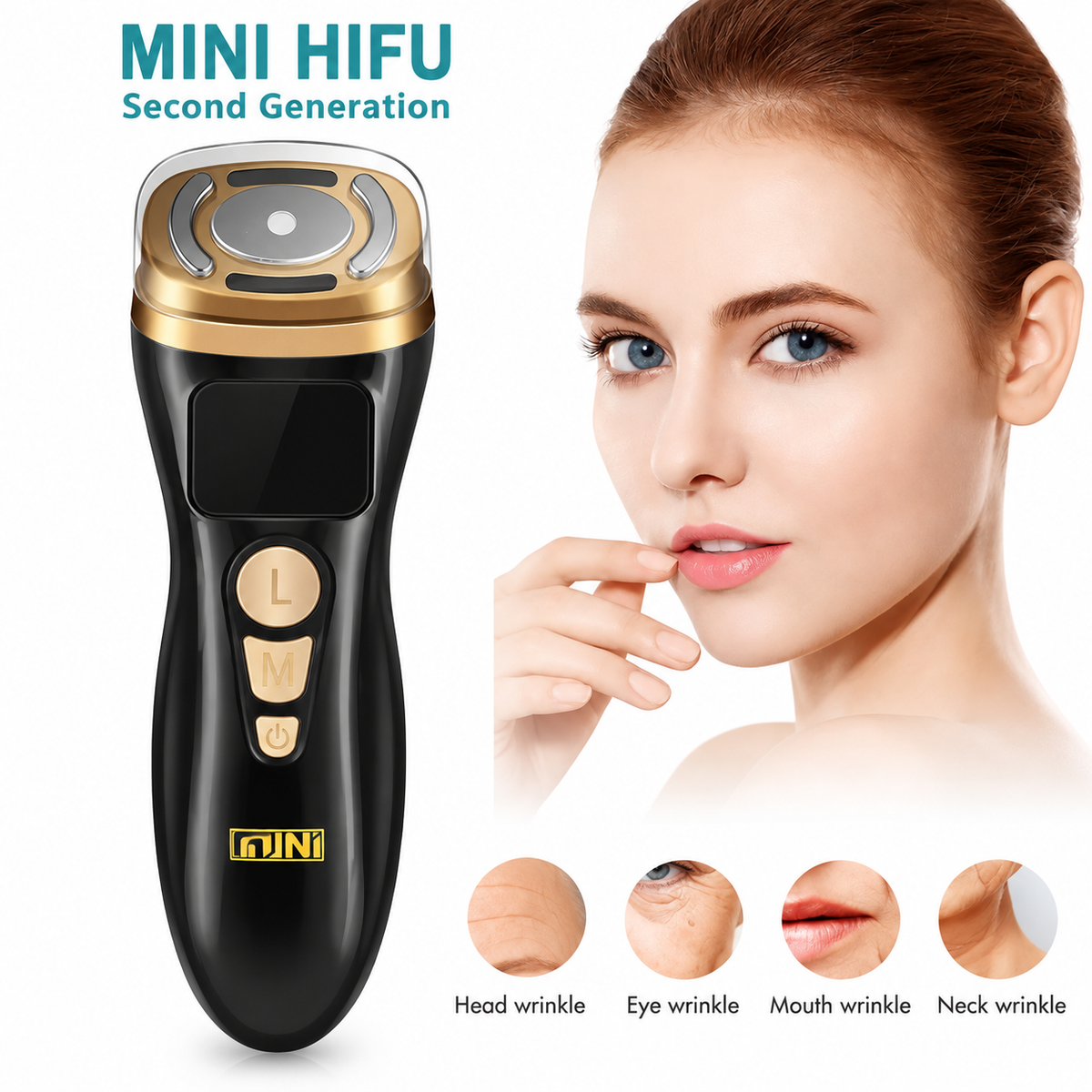 3-in-1 Black Mini HIFU Ultrasonic RF Beauty Device and EMS Facial Massager - 3 Modes & 5 Intensity Levels, 10 Minute Timer & Digital Display for Home Facial Firming