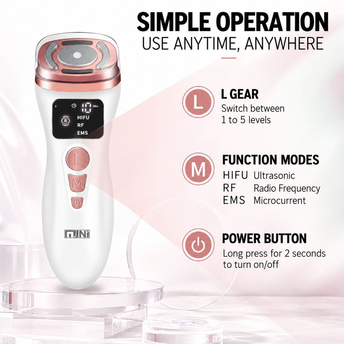 3-in-1 Black Mini HIFU Ultrasonic RF Beauty Device and EMS Facial Massager - 3 Modes & 5 Intensity Levels, 10 Minute Timer & Digital Display for Home Facial Firming