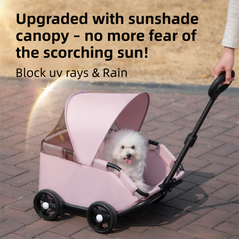 Grey Foldable Pet Stroller and Adjustable Sun Canopy - Spacious 4-Weel Wagon with 360° Rotating Telescopic Handle, 45° Entry Angle, Safety Clips and Storage Pocket for Dogs & Cats Outdoor Travel