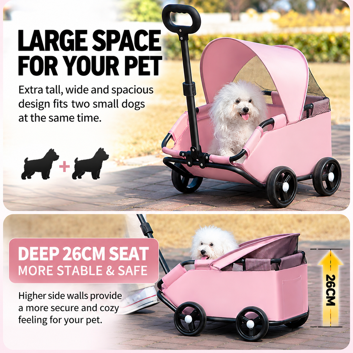Grey Foldable Pet Stroller and Adjustable Sun Canopy - Spacious 4-Weel Wagon with 360° Rotating Telescopic Handle, 45° Entry Angle, Safety Clips and Storage Pocket for Dogs & Cats Outdoor Travel
