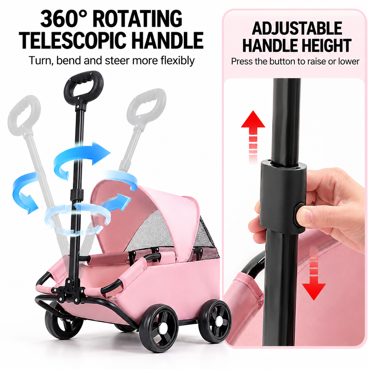 Grey Foldable Pet Stroller and Adjustable Sun Canopy - Spacious 4-Weel Wagon with 360° Rotating Telescopic Handle, 45° Entry Angle, Safety Clips and Storage Pocket for Dogs & Cats Outdoor Travel