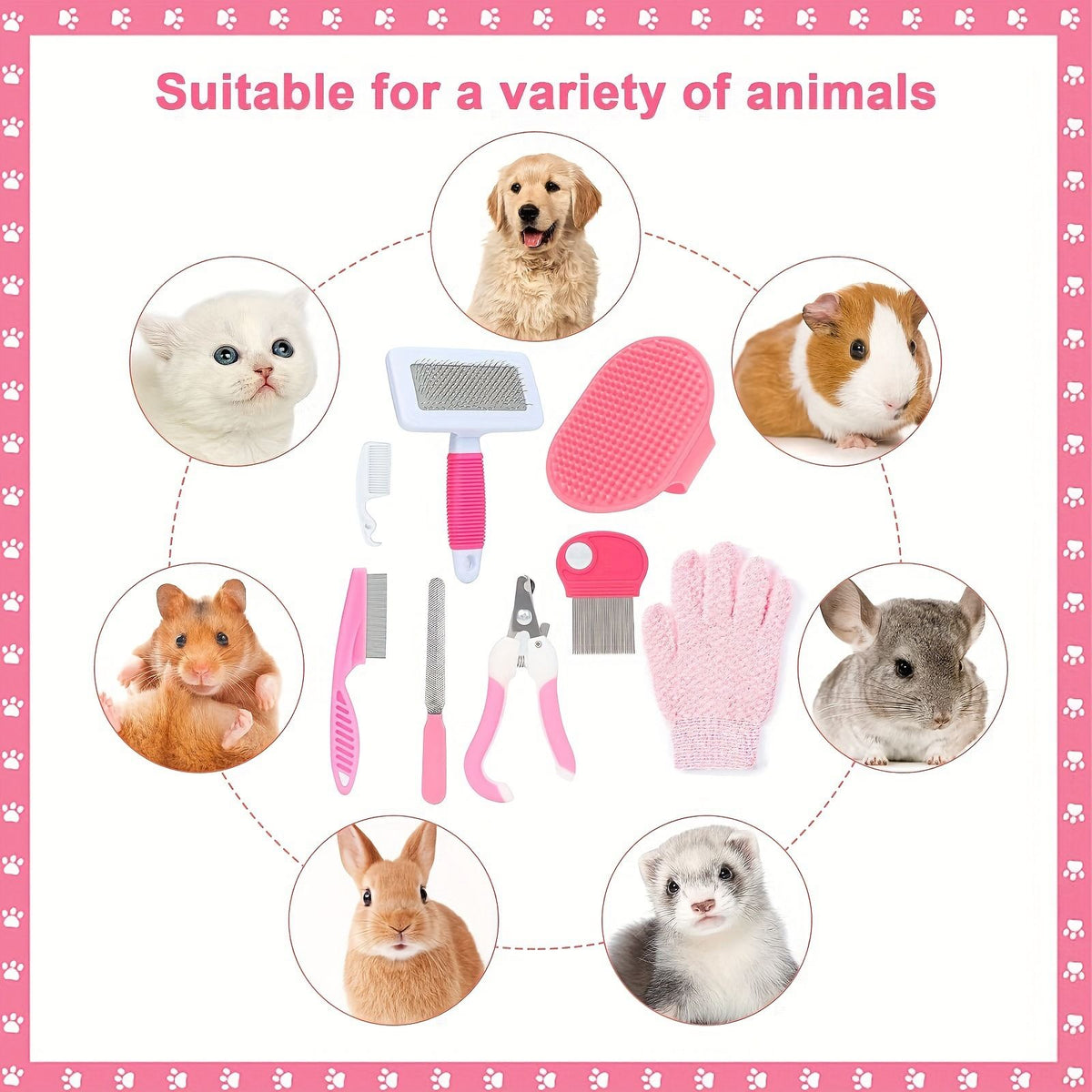 Pink 8-Piece Pet Grooming Kit - Nail Clippers, Slicker Brush, Flea Comb & Bath Glove for Dogs Cats Rabbits, Complete Home Care Pet Set