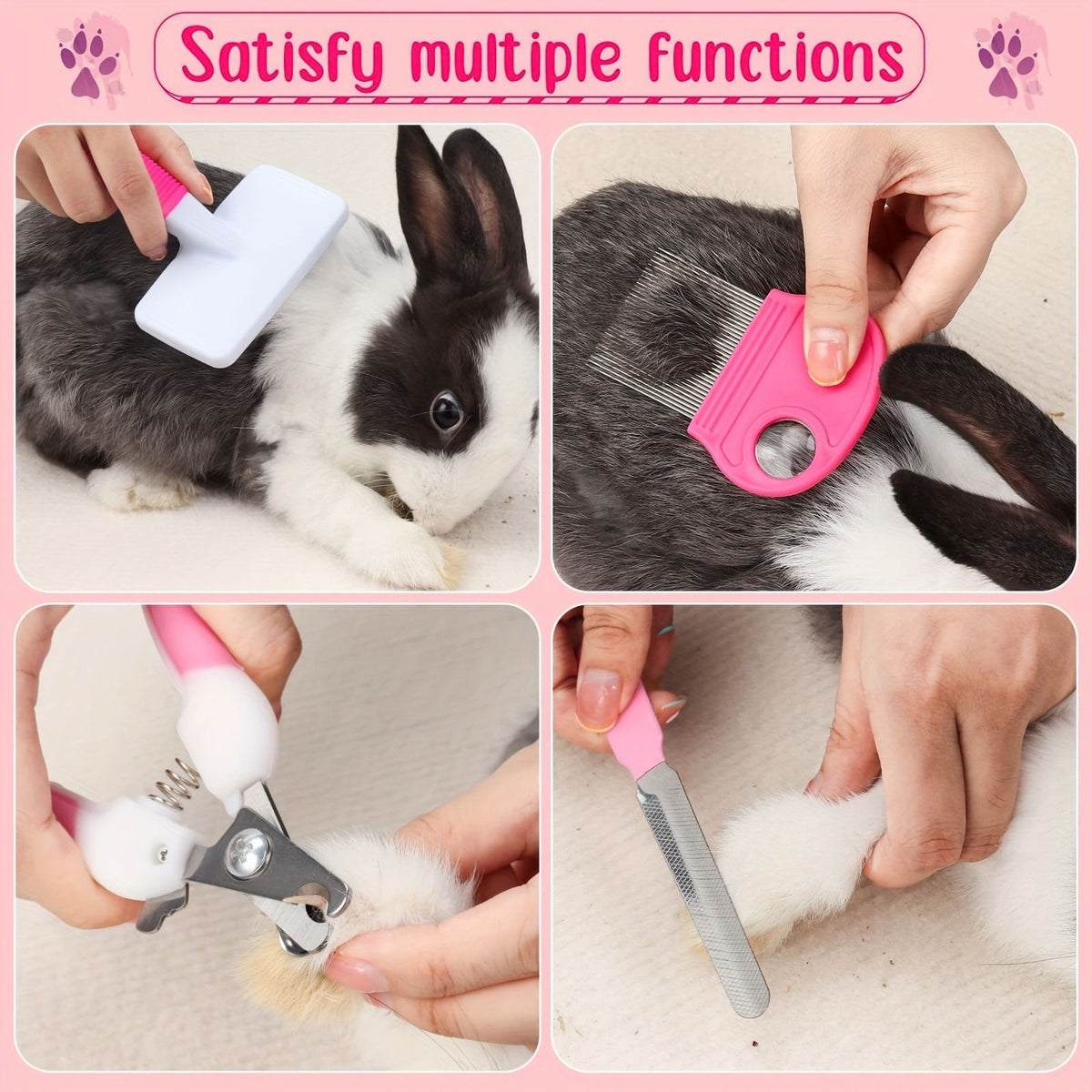 Pink 8-Piece Pet Grooming Kit - Nail Clippers, Slicker Brush, Flea Comb & Bath Glove for Dogs Cats Rabbits, Complete Home Care Pet Set