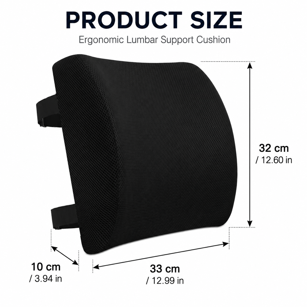 33 x 32 x 10 cm Memory Foam Lumbar Support Cushion - Black 3D Mesh,  Slow Rebound Back Support for Office Chairs, Car Seats and Home