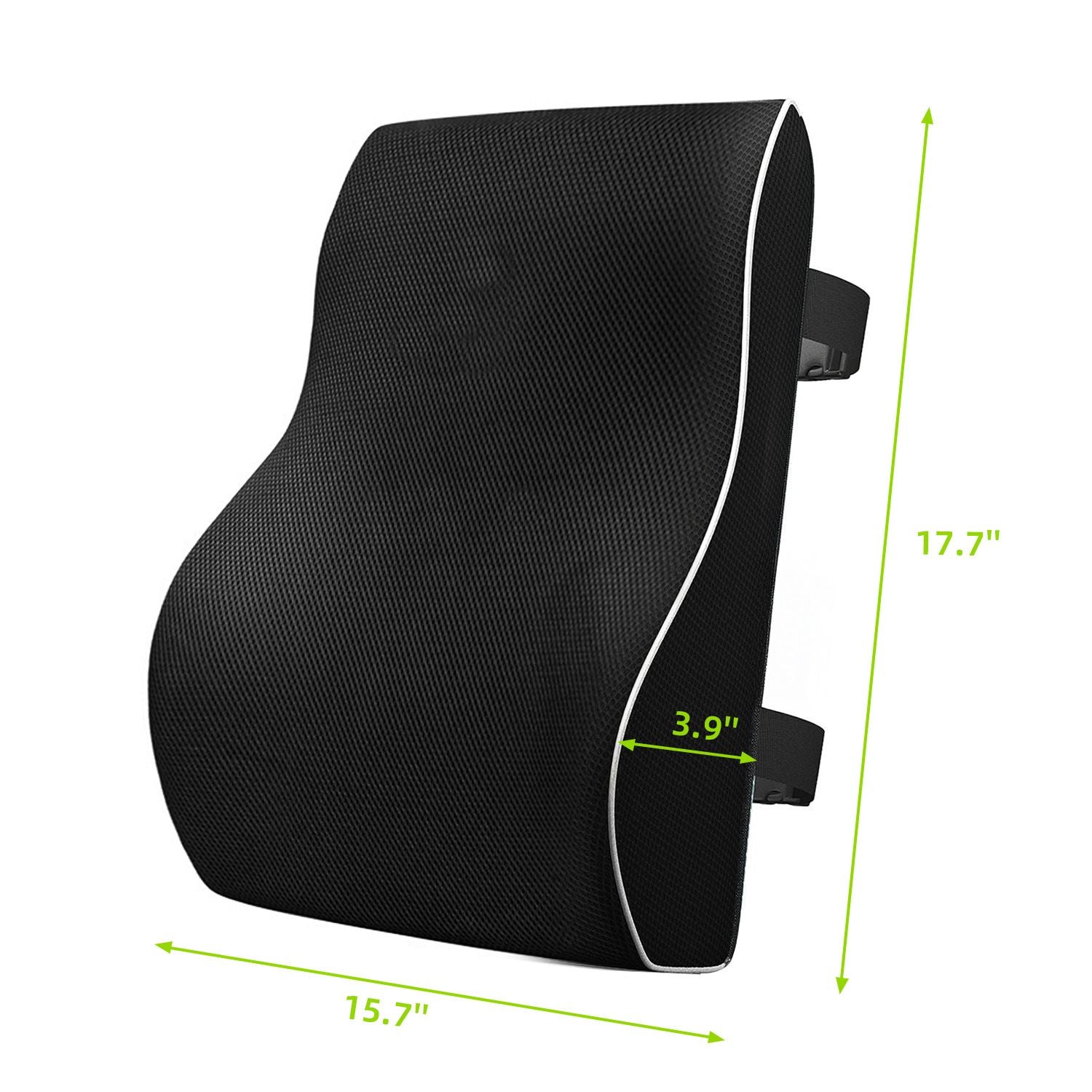 Black 45x40x10cm  Memory Foam Lumbar Support Cushion - Polyester Mesh Cover, Adjustable Straps, Back Rest for Office Chair and Car Seat, Posture Relief for Prolonged Sitting
