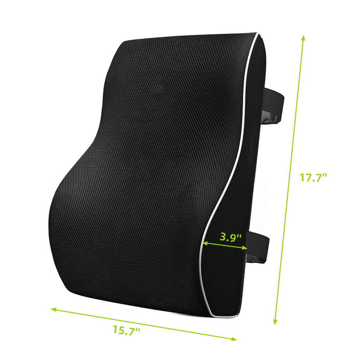 Black 45x40x10cm  Memory Foam Lumbar Support Cushion - Polyester Mesh Cover, Adjustable Straps, Back Rest for Office Chair and Car Seat, Posture Relief for Prolonged Sitting