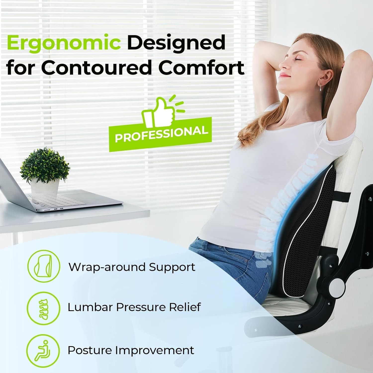 Black 45x40x10cm  Memory Foam Lumbar Support Cushion - Polyester Mesh Cover, Adjustable Straps, Back Rest for Office Chair and Car Seat, Posture Relief for Prolonged Sitting