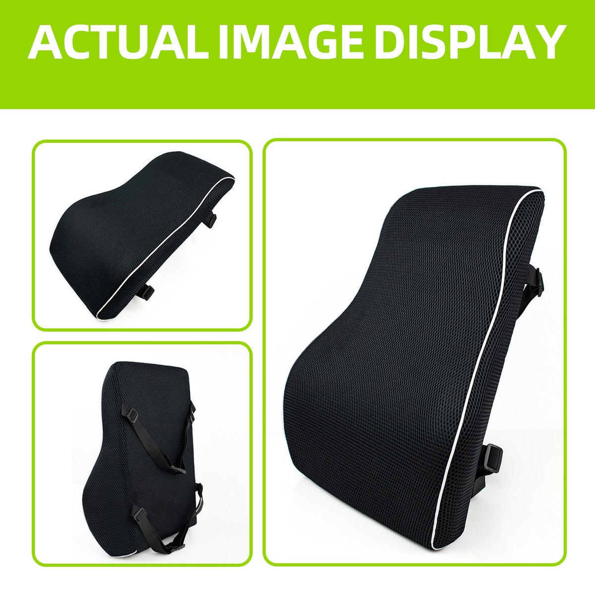 Black 45x40x10cm  Memory Foam Lumbar Support Cushion - Polyester Mesh Cover, Adjustable Straps, Back Rest for Office Chair and Car Seat, Posture Relief for Prolonged Sitting