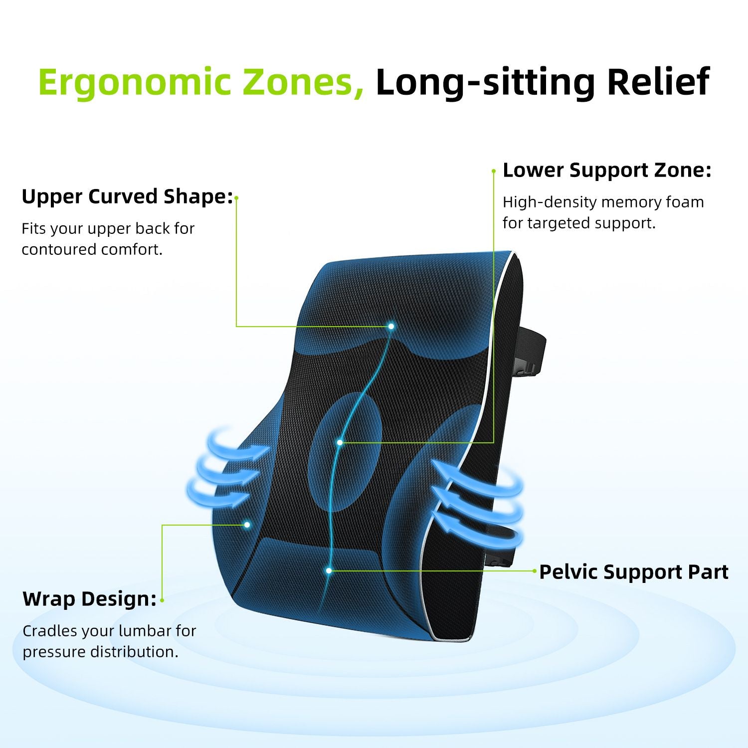 Grey 45x40x10cm  Memory Foam Lumbar Support Cushion - Polyester Mesh Cover, Adjustable Straps, Back Rest for Office Chair and Car Seat, Posture Relief for Prolonged Sitting